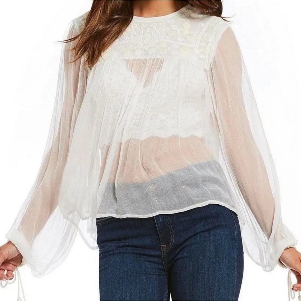 Free People Size XS Retro Embroidered Beaded Sheer Ivory Long Sleeve Blouse Top